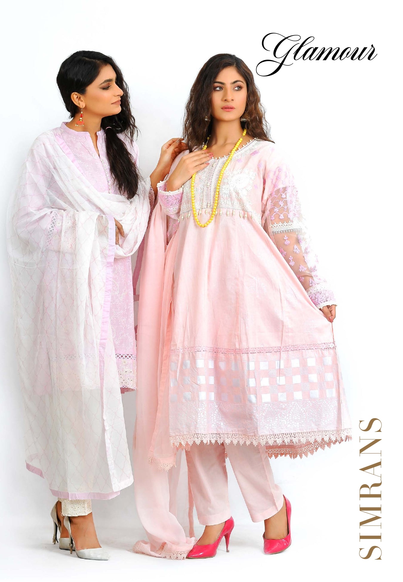 Embroidered detailed dress with pearls 3Pcs by Simran- Pink