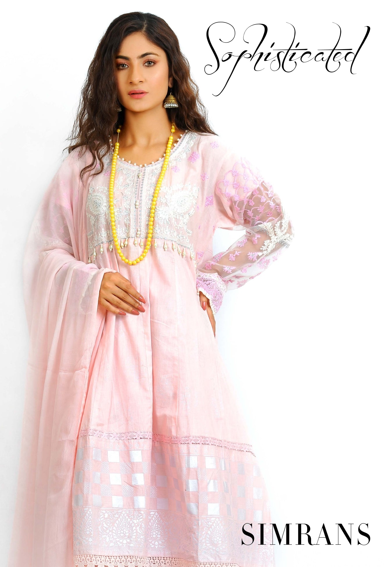 Embroidered detailed dress with pearls 3Pcs by Simran- Pink