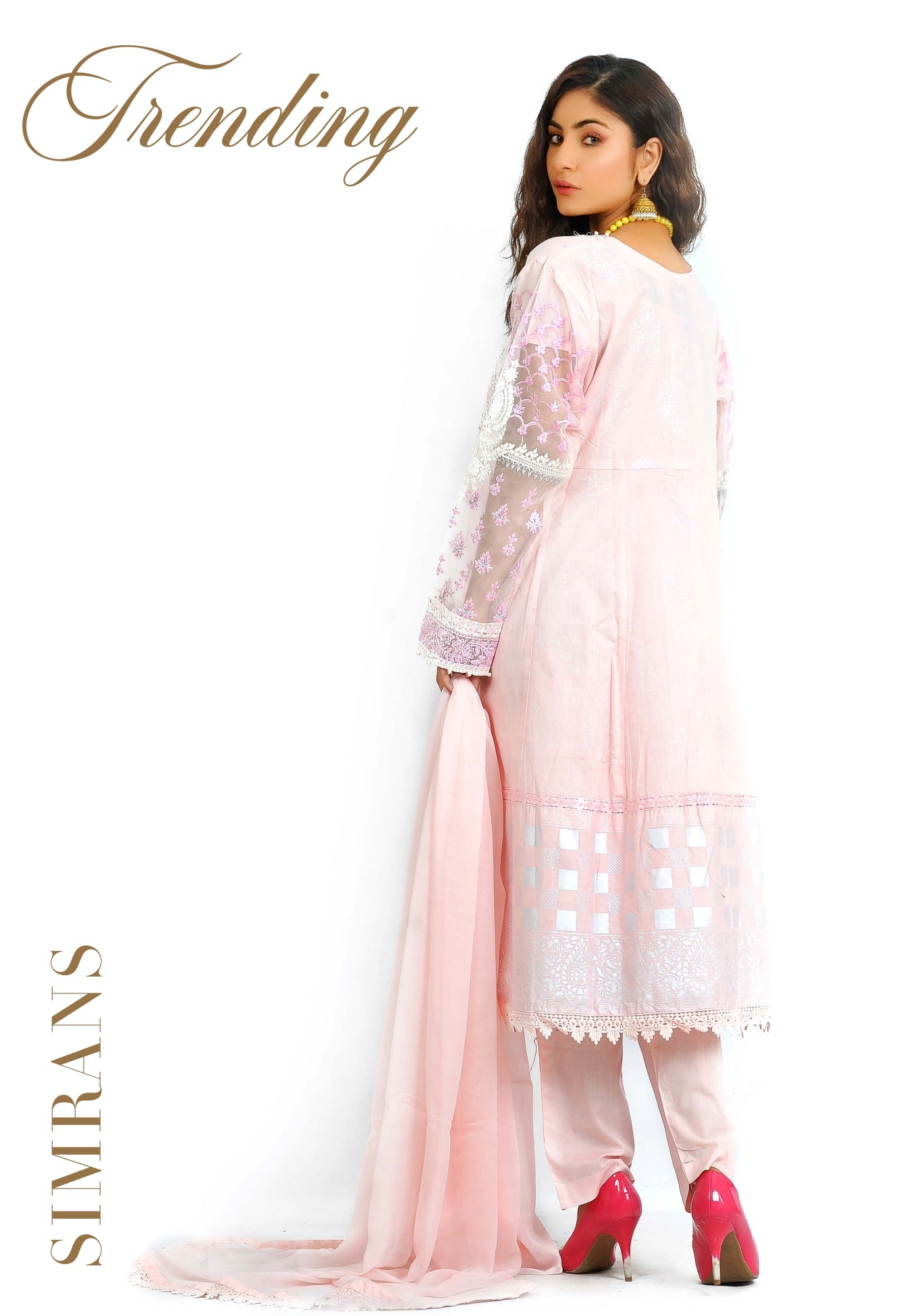 Embroidered detailed dress with pearls 3Pcs by Simran- Pink