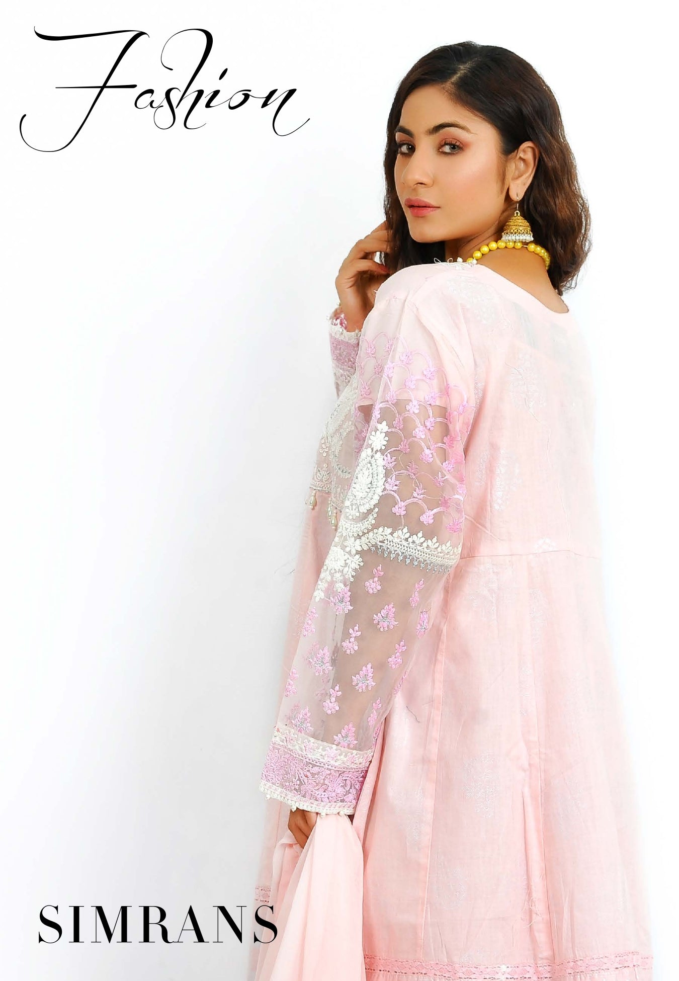 Embroidered detailed dress with pearls 3Pcs by Simran- Pink