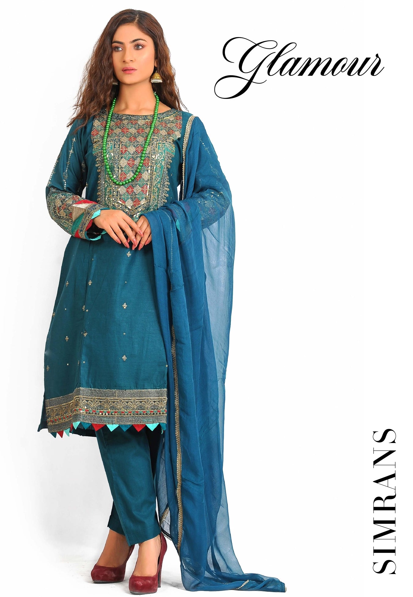 Embroidered handwork dress 3Pcs by Simran-Teal