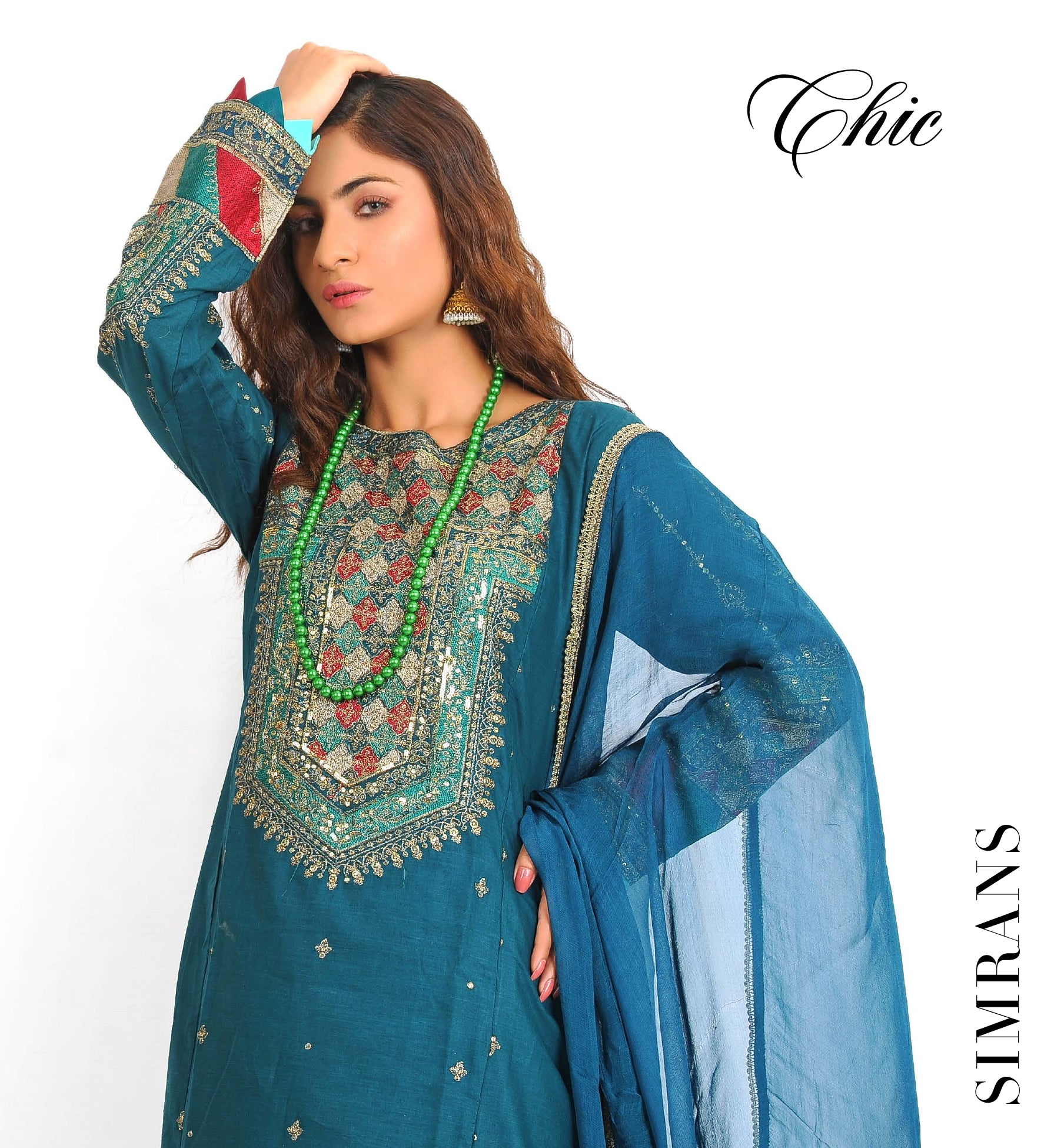 Embroidered handwork dress 3Pcs by Simran-Teal