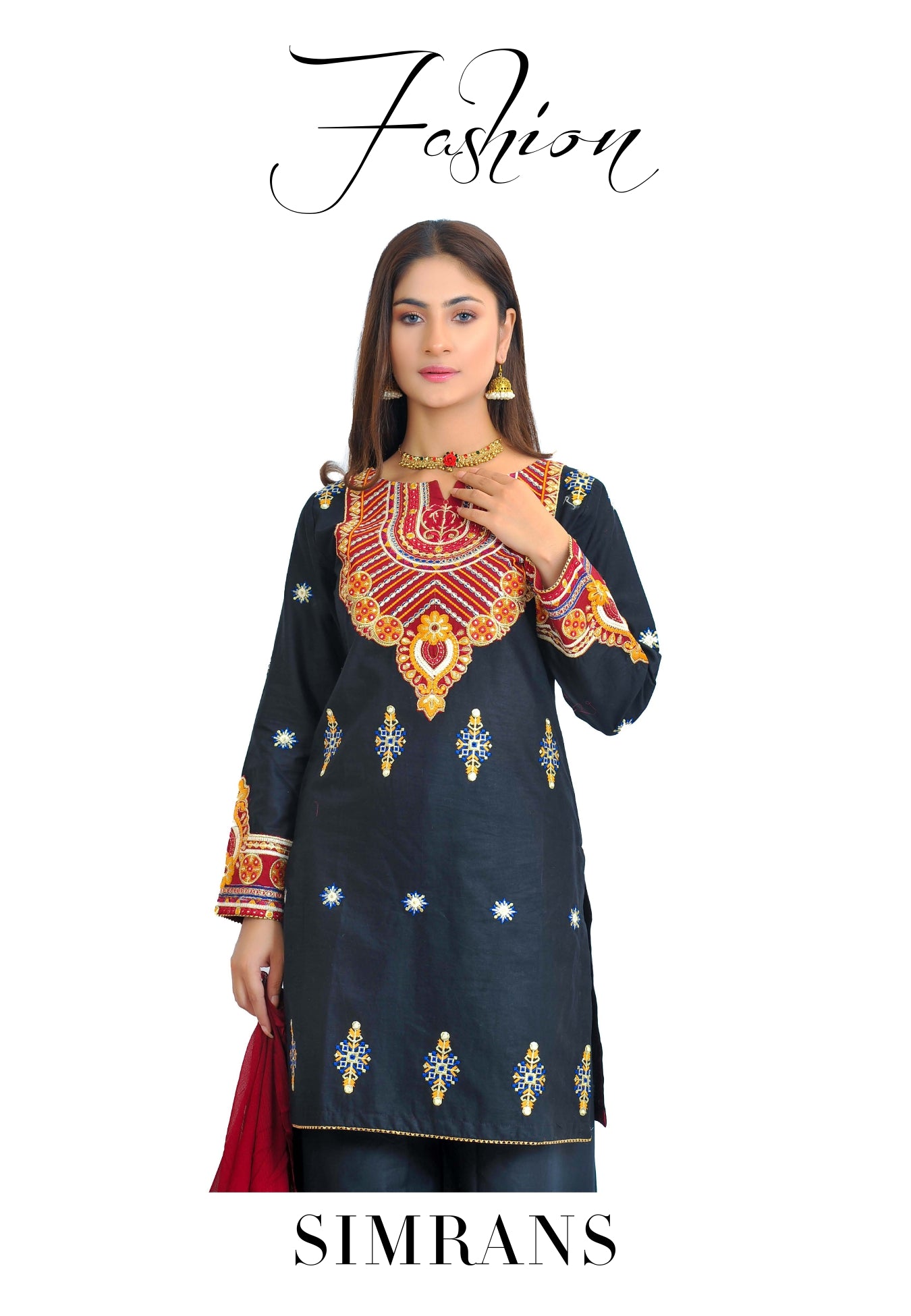 Embroidered handwork dress 3Pcs by Simran-Black