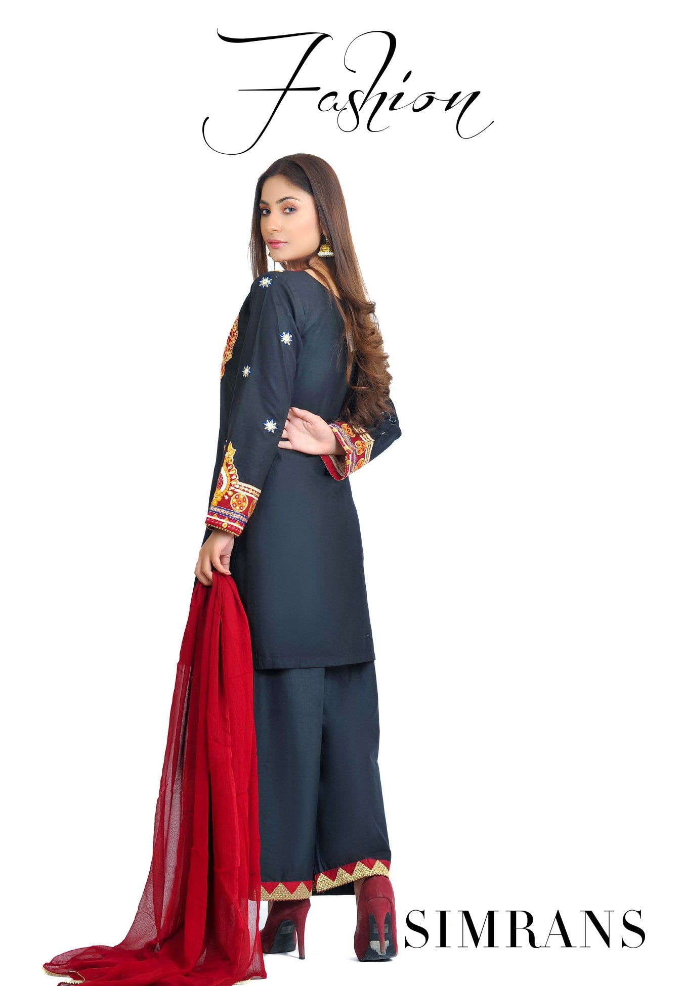 Embroidered handwork dress 3Pcs by Simran-Black